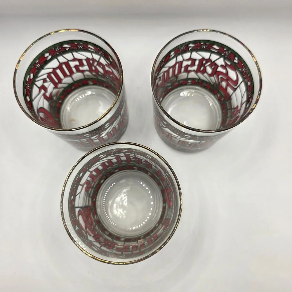 Vintage Houze Stained Glass Christmas Juice Glasses Set of 3 Gold Rim Poinsettia